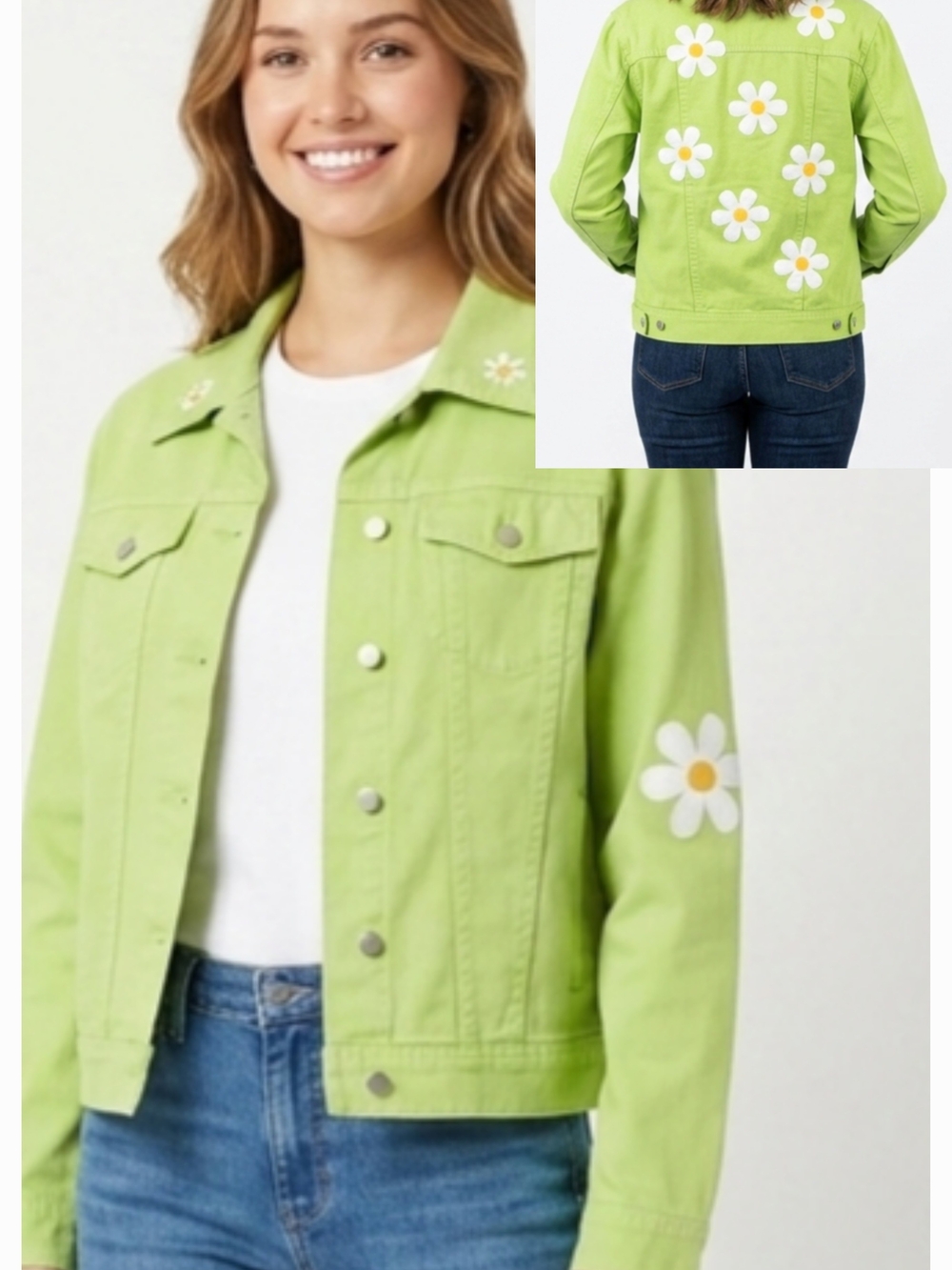 Lighthouse Apparel Lime Green Daisy Embroidered Denim Jacket L